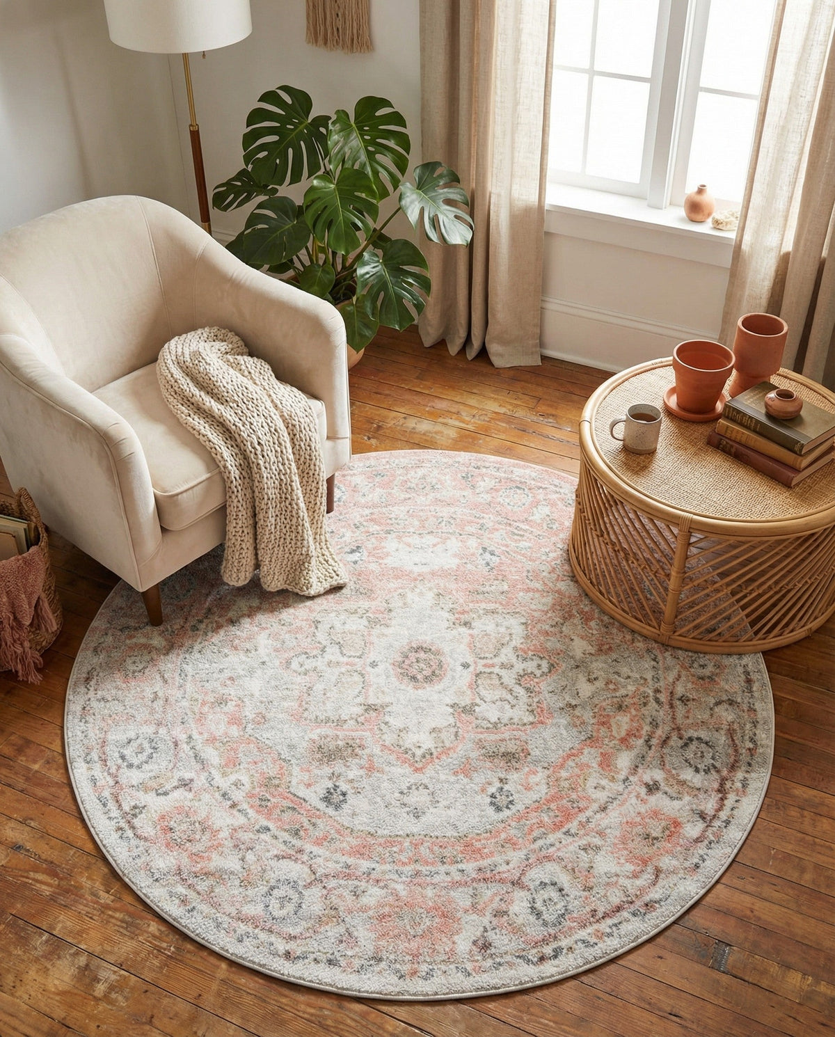 Parisian Elegance Collection Area Rug - Versailles (Rose Pink) Round Rose Pink  lifestyle 114
