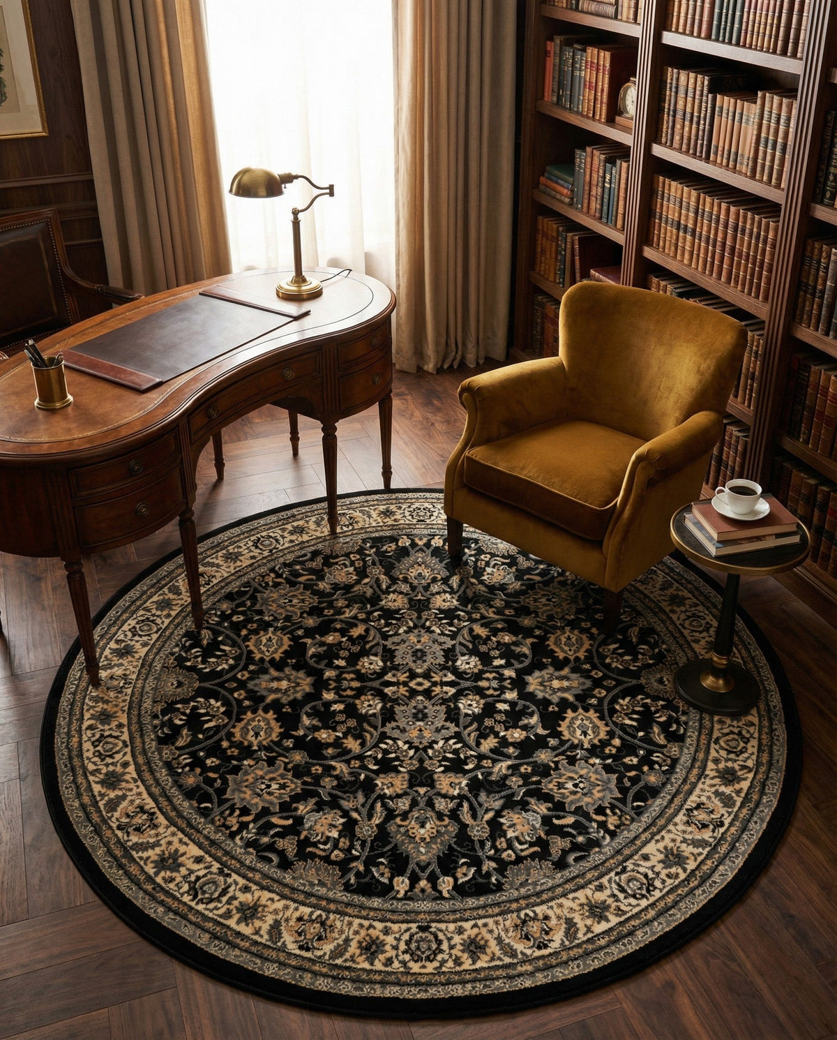 Isfahan Elegance Collection Area Rug - Naghsh-e Jahan (Black) Round Black  lifestyle 130