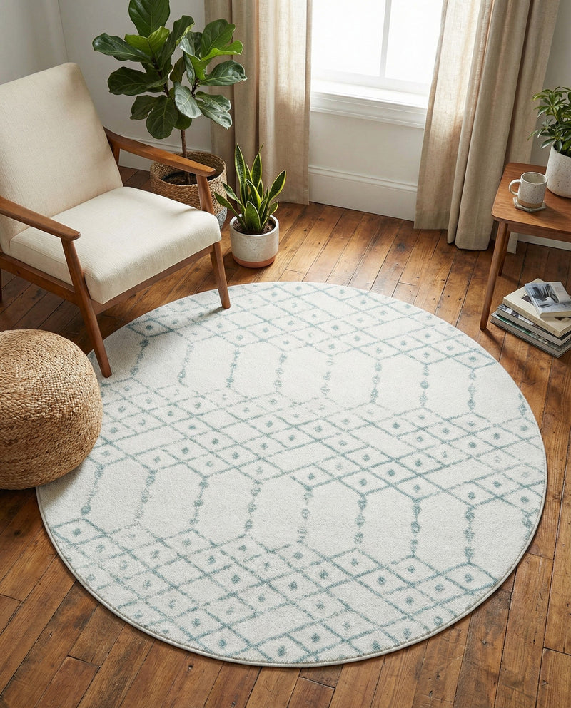 Marrakesh Lattice Collection Area Rug - Casablanca (Ivory Aqua) Round Ivory Aqua  lifestyle 80