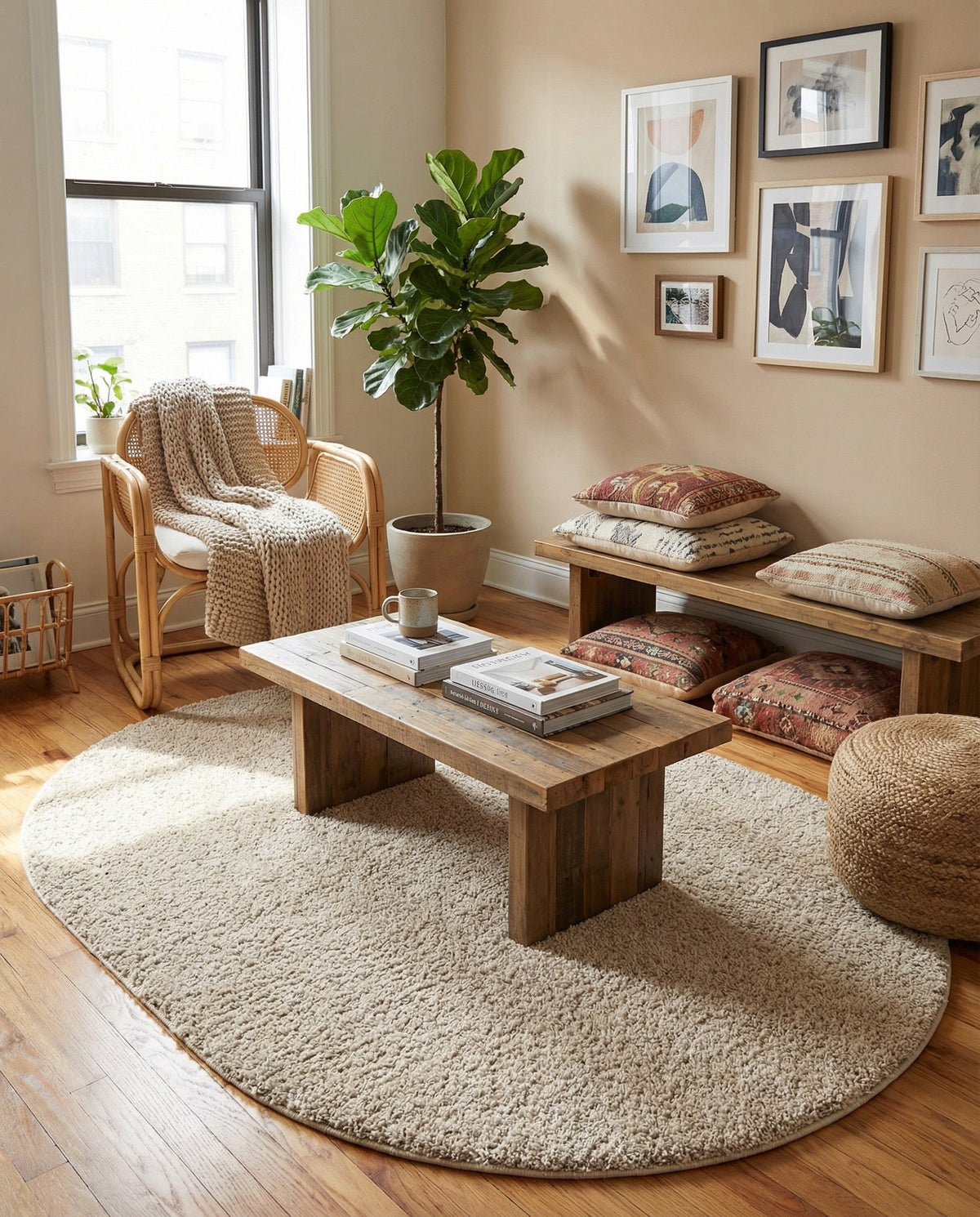 Cozy Comfort Shag Collection Area Rug - Haven (Oatmeal Beige) Oval Oatmeal Beige  lifestyle 98