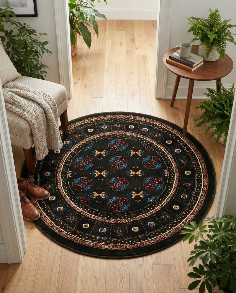 Samarkand Elegance Collection Area Rug -  Margilan (Dark Green) Round Dark Green  lifestyle 77