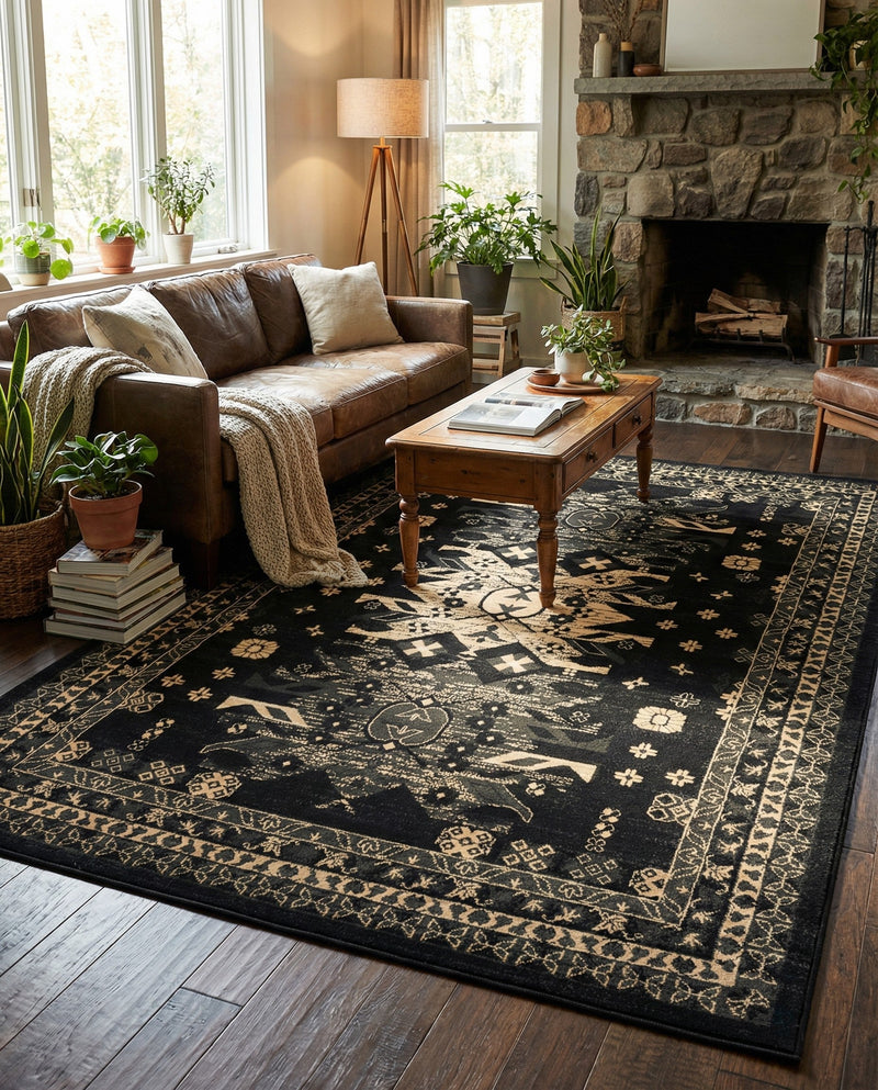 Tabriz Tapestries Collection Area Rug - Azerbaijan (Black) Rectangle Black  lifestyle 10