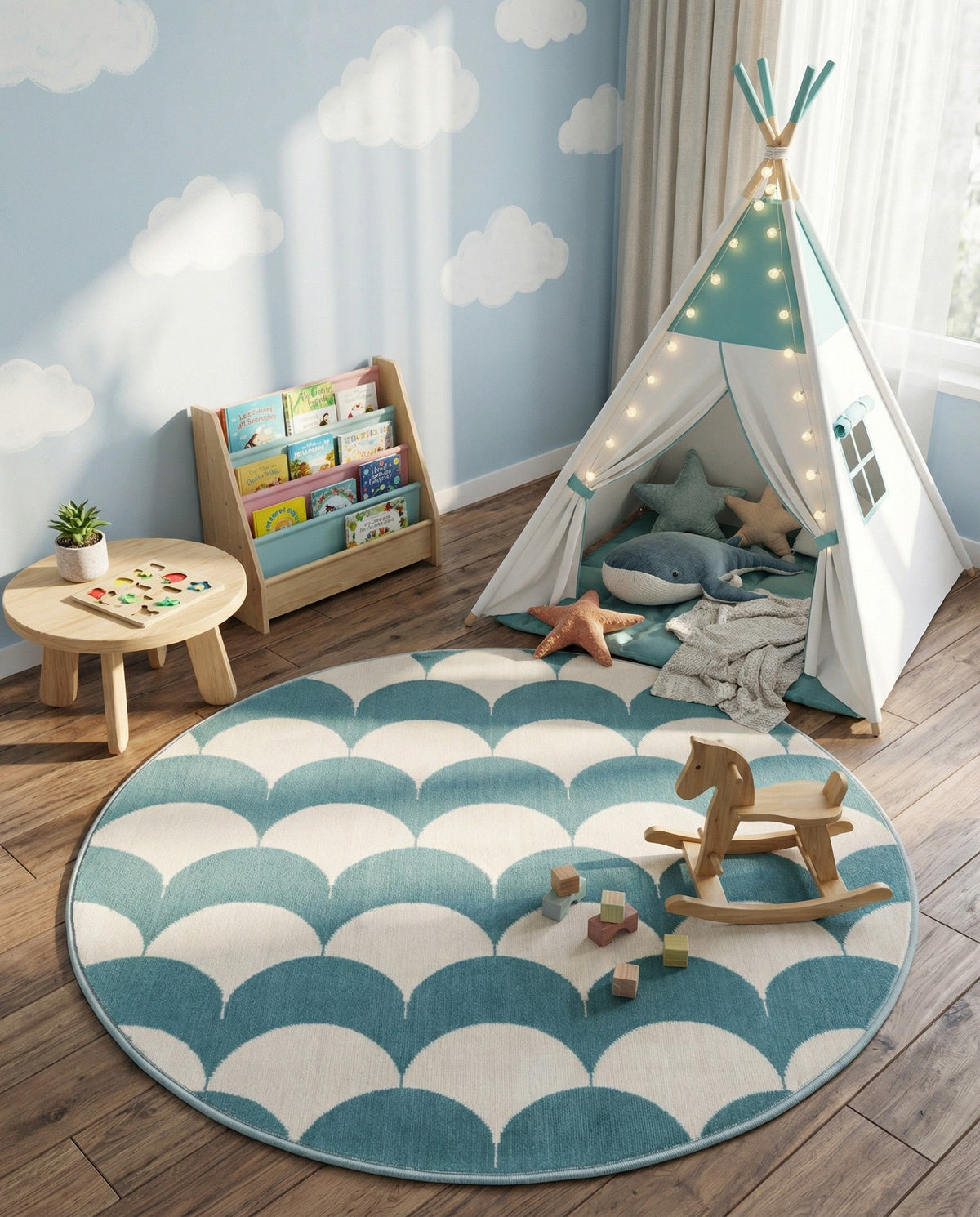 Wonder Tykes Collection Area Rug - Sparklewood Round Sky blue  lifestyle 138