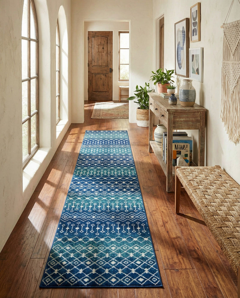 Mediterranean Lattice Collection Area Rug - Santorini (Navy and Teal) Runner Navy and Teal  lifestyle 42