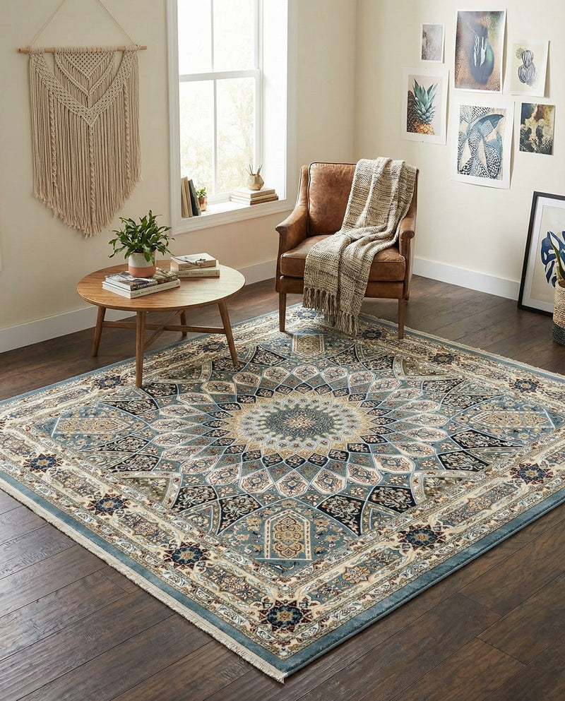 Persian Elegance Collection Area Rug -  Hamedan (Blue) Square Blue  lifestyle 59