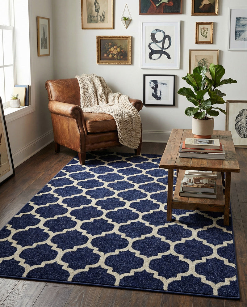 Lattice Gardens Collection Area Rug -  Bloomfield (Dark Blue) Rectangle Dark Blue  lifestyle 7