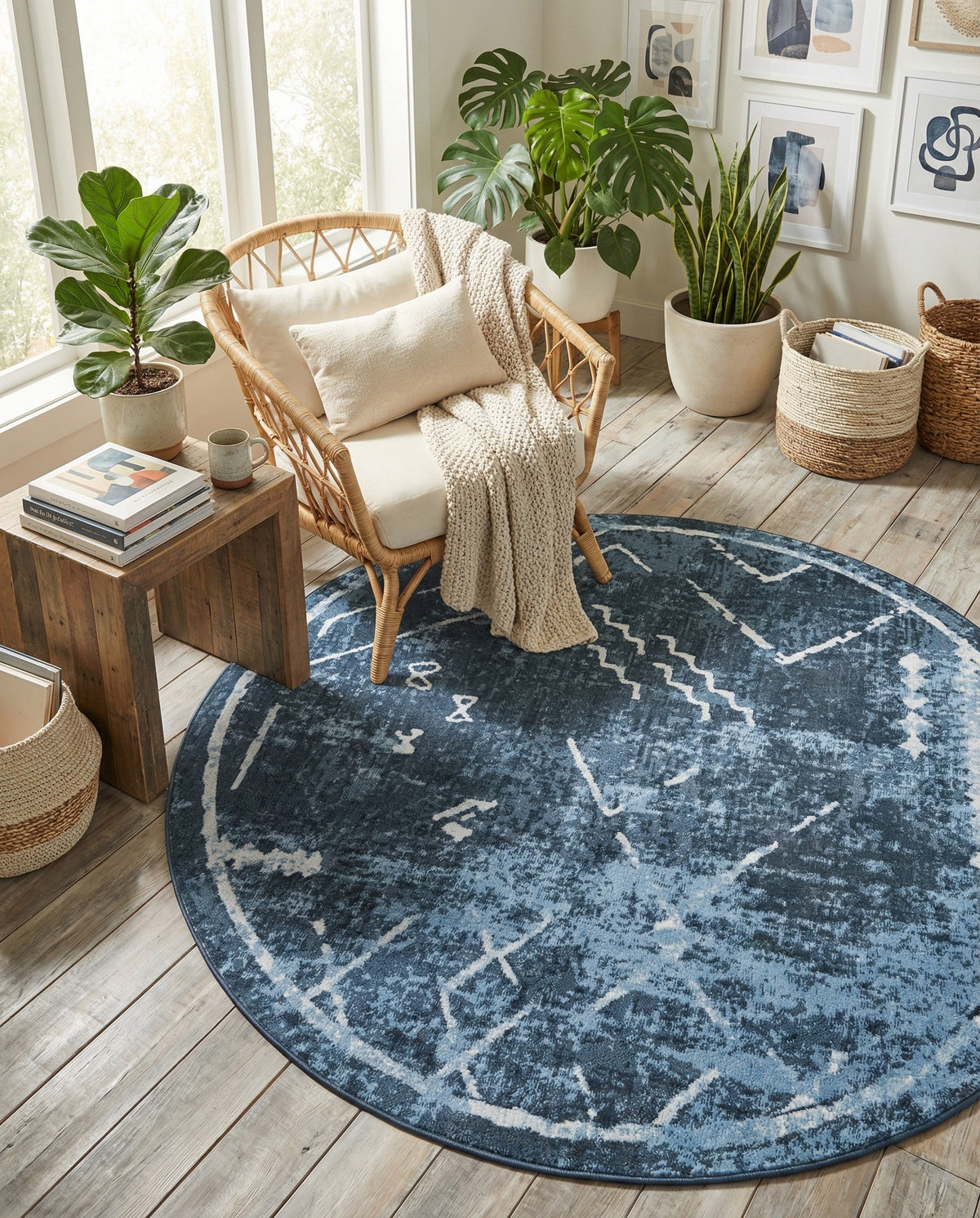 Aegean Elegance Washables Collection Area Rug - Santorini Round Navy Blue  lifestyle 141