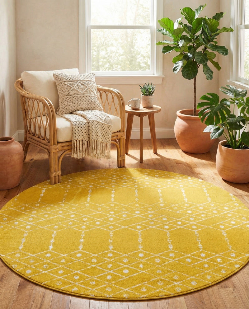 Marrakesh Lattice Collection Area Rug - Casablanca (Yellow) Round Yellow  lifestyle 71