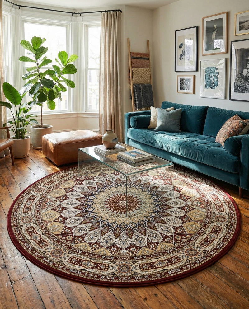 Persian Elegance Collection Area Rug -  Hamedan (Burgundy) Round Burgundy  lifestyle 32