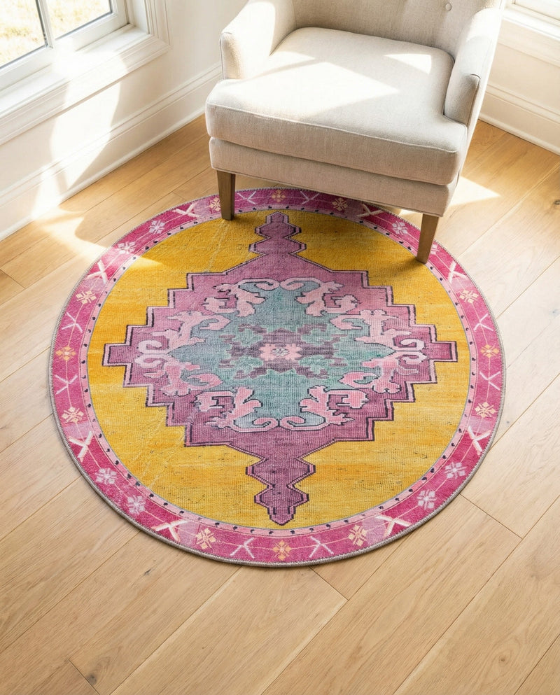 Heritage Elegance Collection Area Rug -  Winterthur (Yellow) Round Yellow  lifestyle 53