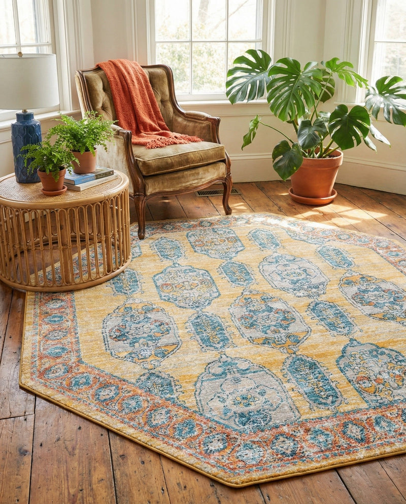 Seville Stripes Collection Area Rug -  Granada (Yellow) Octagon Yellow  lifestyle 69