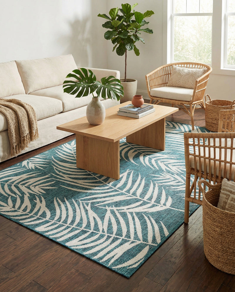Seaside Blooms Collection Area Rug - Verdure (Teal) Rectangle Teal  lifestyle 9