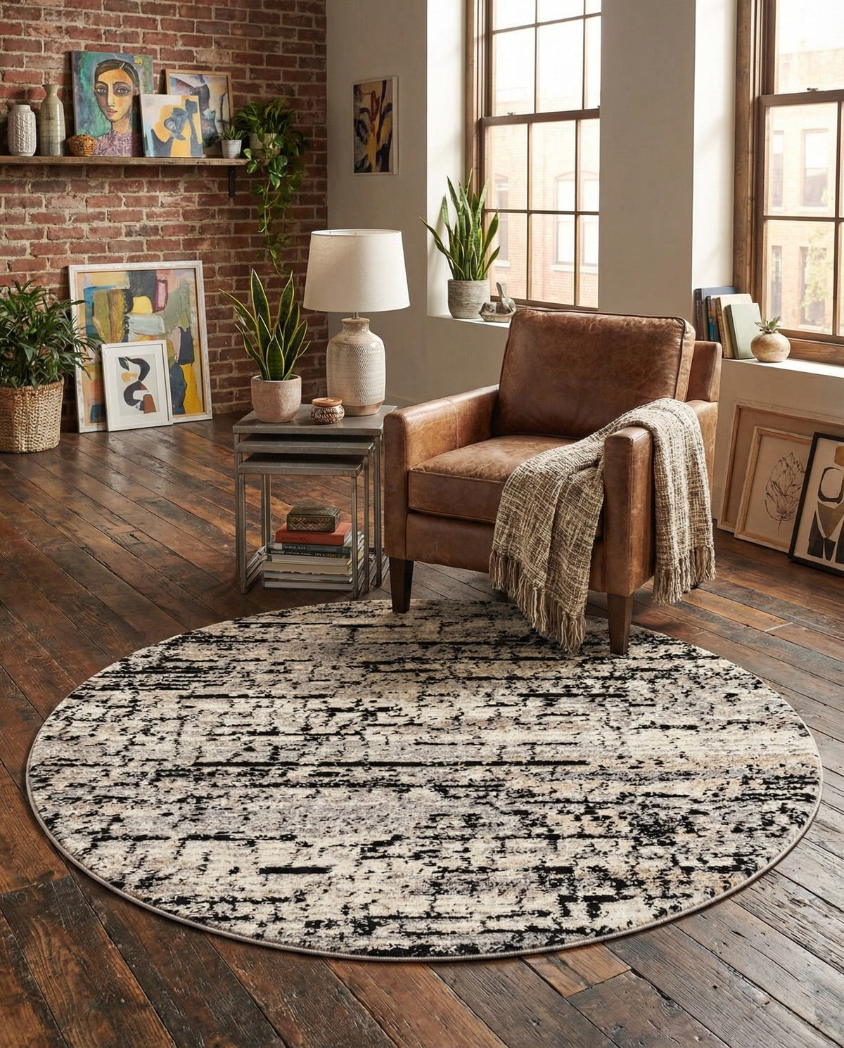 Santa Fe Trails Collection Area Rug -  Chaparral Round Gray  lifestyle 105