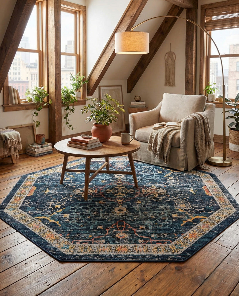 Seville Stripes Collection Area Rug -  Malaga (Navy Blue) Octagon Navy Blue  lifestyle 76
