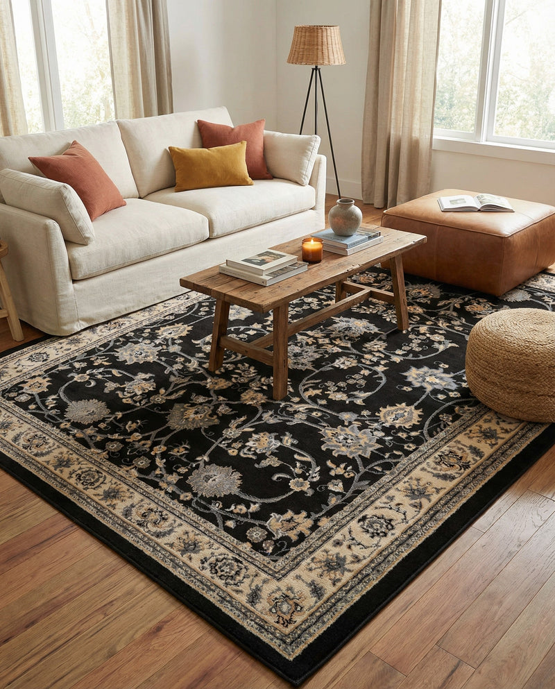 Isfahan Elegance Collection Area Rug - Naghsh-e Jahan (Black) Rectangle Black  lifestyle 36