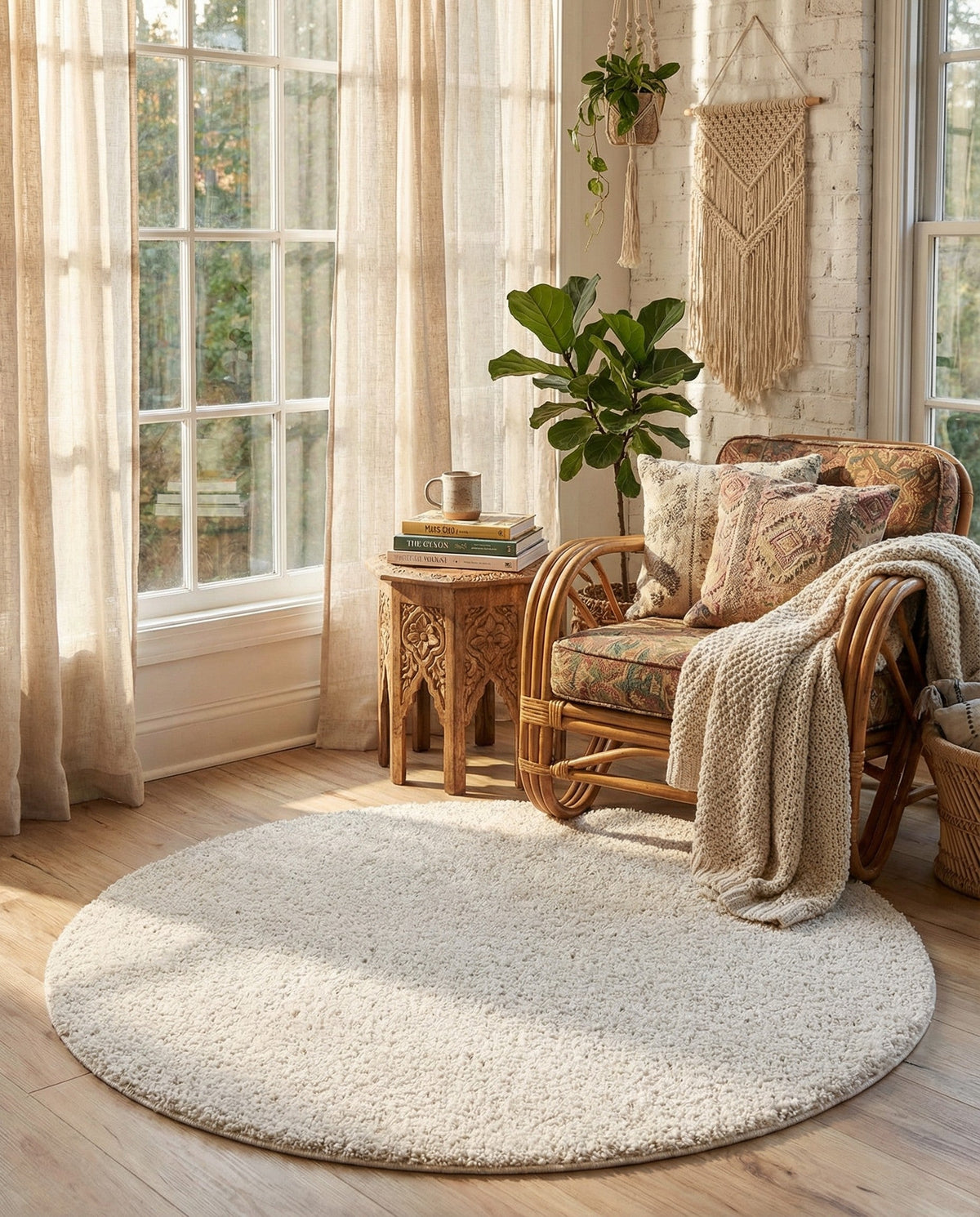 Solid Shag Seaside Collection Area Rug - Azure Cove (Ivory) Round Ivory  lifestyle 97