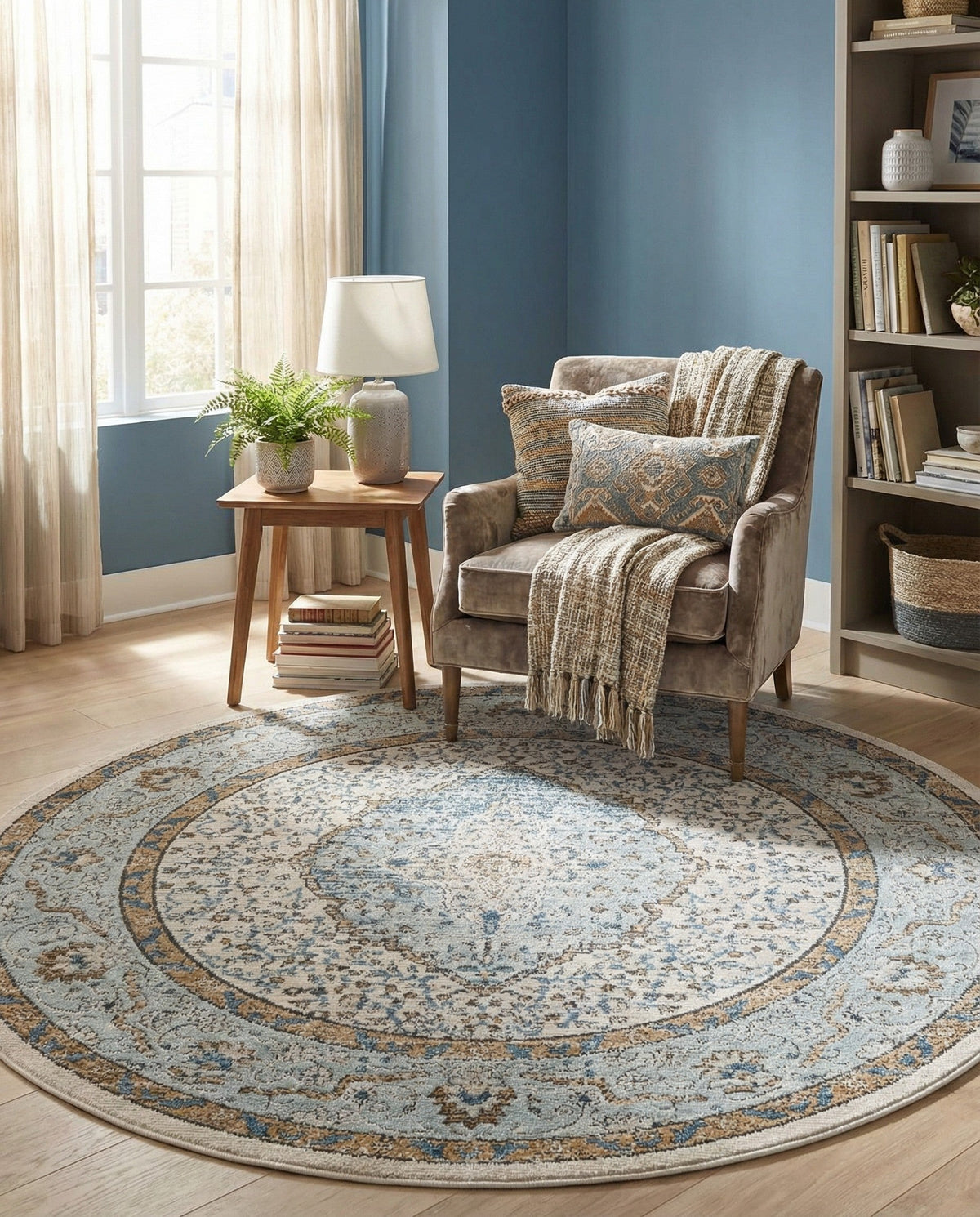 Mykonos Manor Collection Area Rug - Delos Round Blue  lifestyle 202
