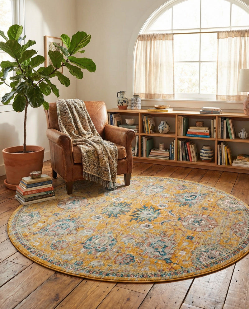 Seville Stripes Collection Area Rug -  Cordoba (Yellow) Round Yellow  lifestyle 17