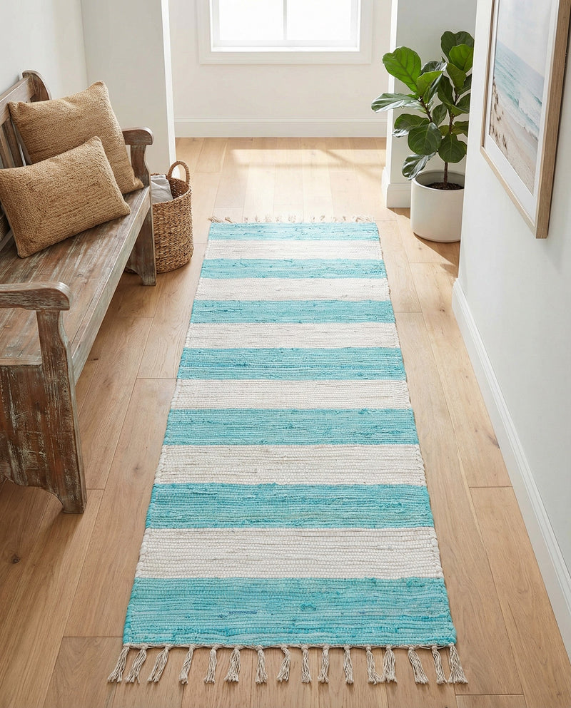 Tassel Trail Collection Area Rug - Pathway (Turquoise and Ivory) Runner Turquoise and Ivory  lifestyle 32