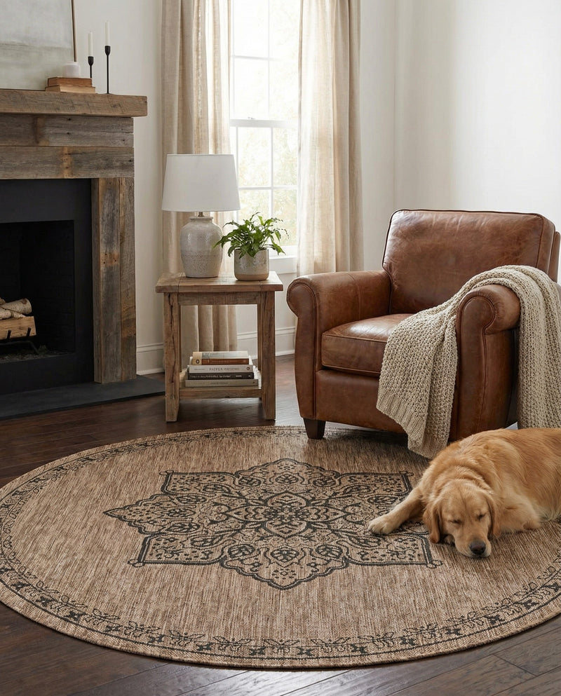 Patio Heritage Collection Area Rug -  Charleston (Beige) Round Beige  lifestyle 70