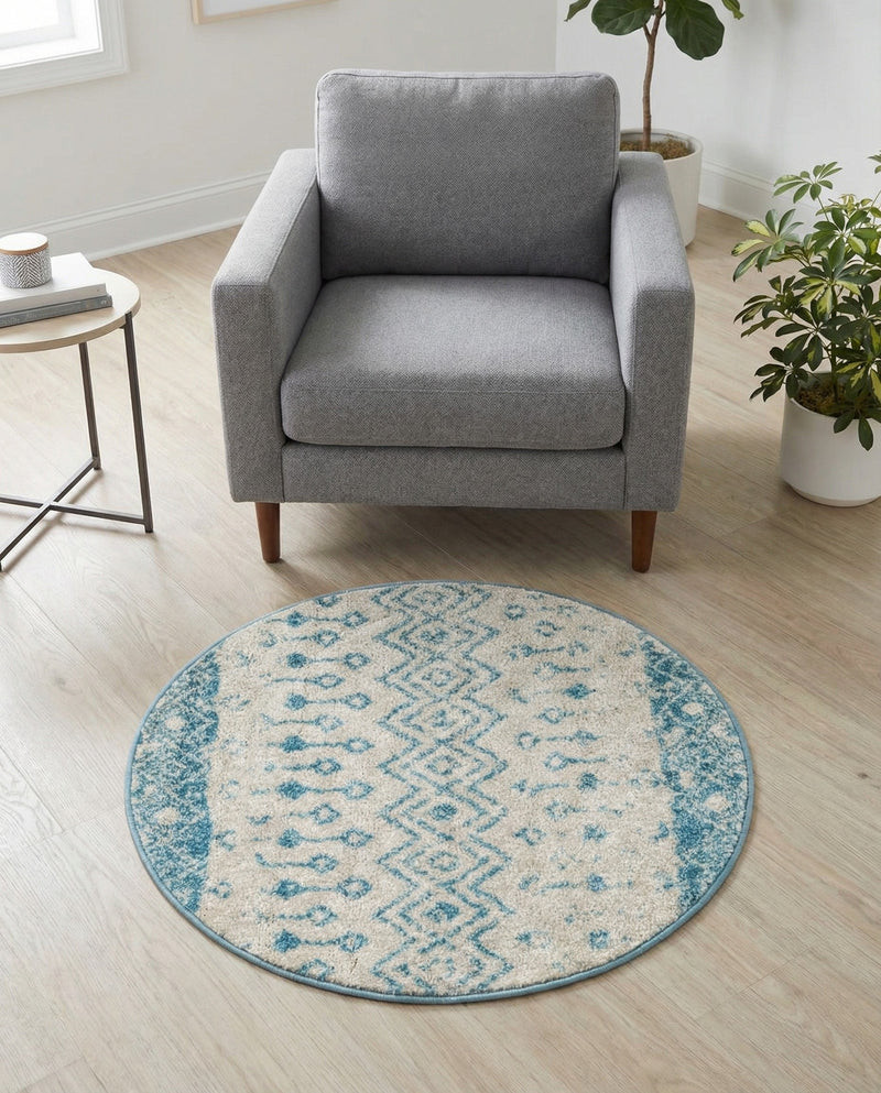 Mediterranean Lattice Collection Area Rug -  Casablanca (Ivory Blue) Round Ivory Blue  lifestyle 75