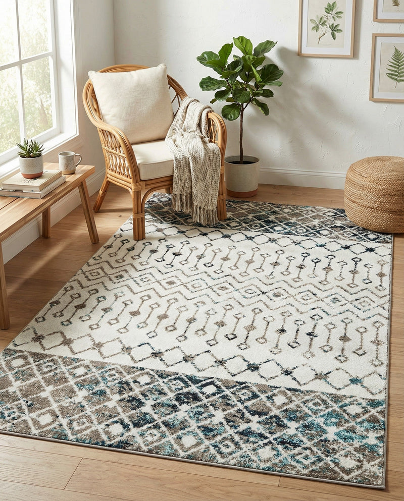 Mediterranean Lattice Collection Area Rug -  Casablanca (Ivory Gray Blue) Rectangle Ivory Gray Blue  lifestyle 9