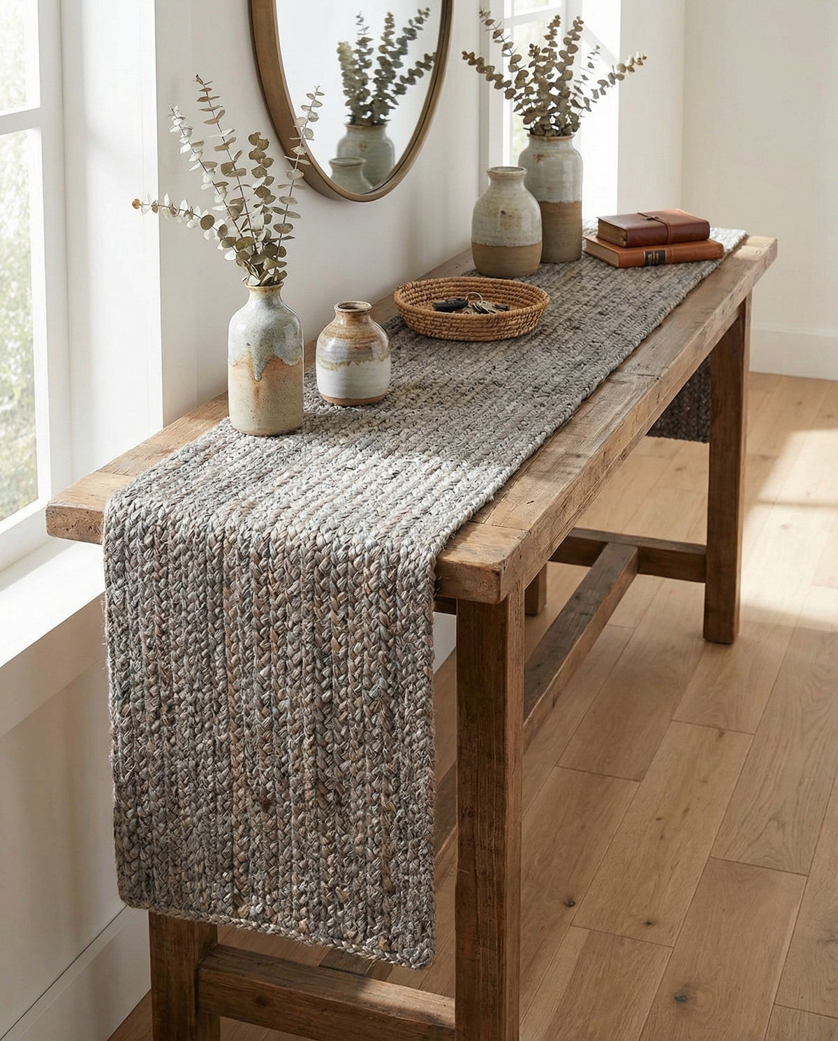 Woven Seaside Jute Collection Area Rug - Savannah (Gray) Table Runner Gray  lifestyle 86