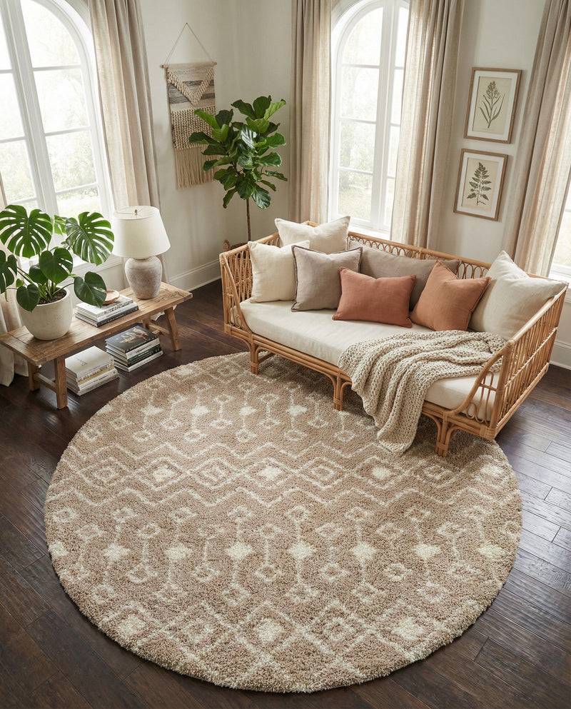 Berber Lattice Shag Collection Area Rug - Atlas (Light Brown) Round Light Brown  lifestyle 42