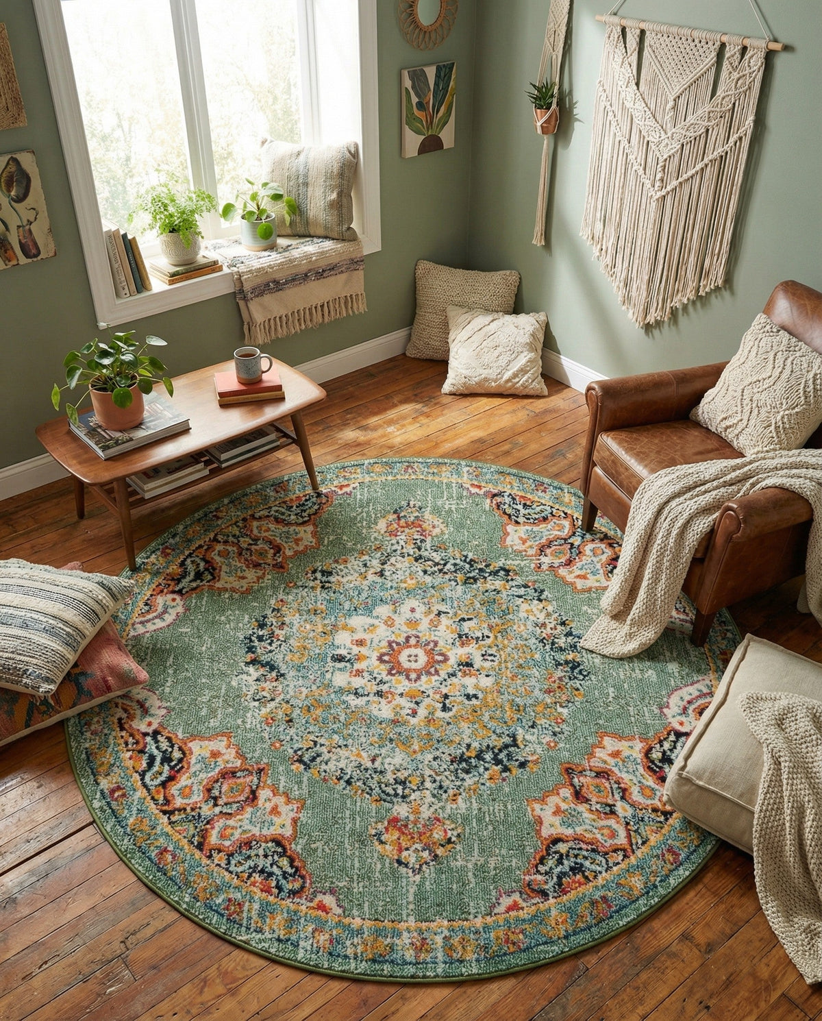Brighton Terrace Collection Area Rug - Hove (Green) Round Green  lifestyle 88