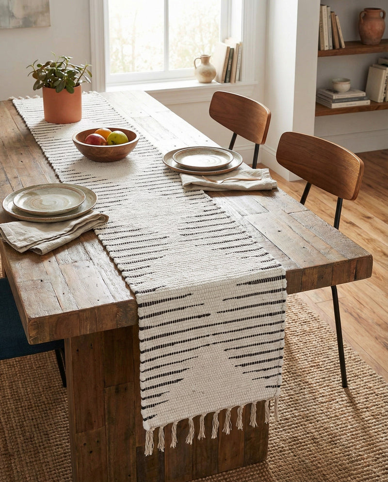 Thar Cotton Collection Area Rug - Jaisalmer (White) Table Runner White  lifestyle 76
