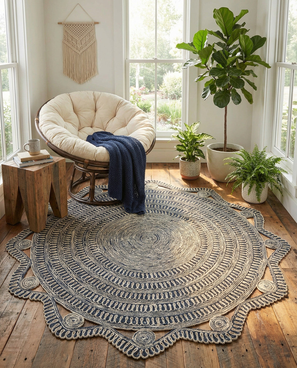 Woven Seaside Jute Collection Area Rug - Nantucket Round Navy and White  lifestyle 99