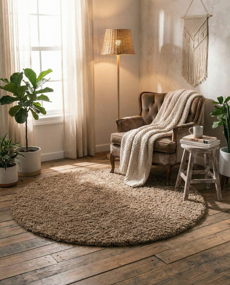 Plush Oasis Collection Area Rug - Serenity (Sandy Brown) Round Sandy Brown  lifestyle 77