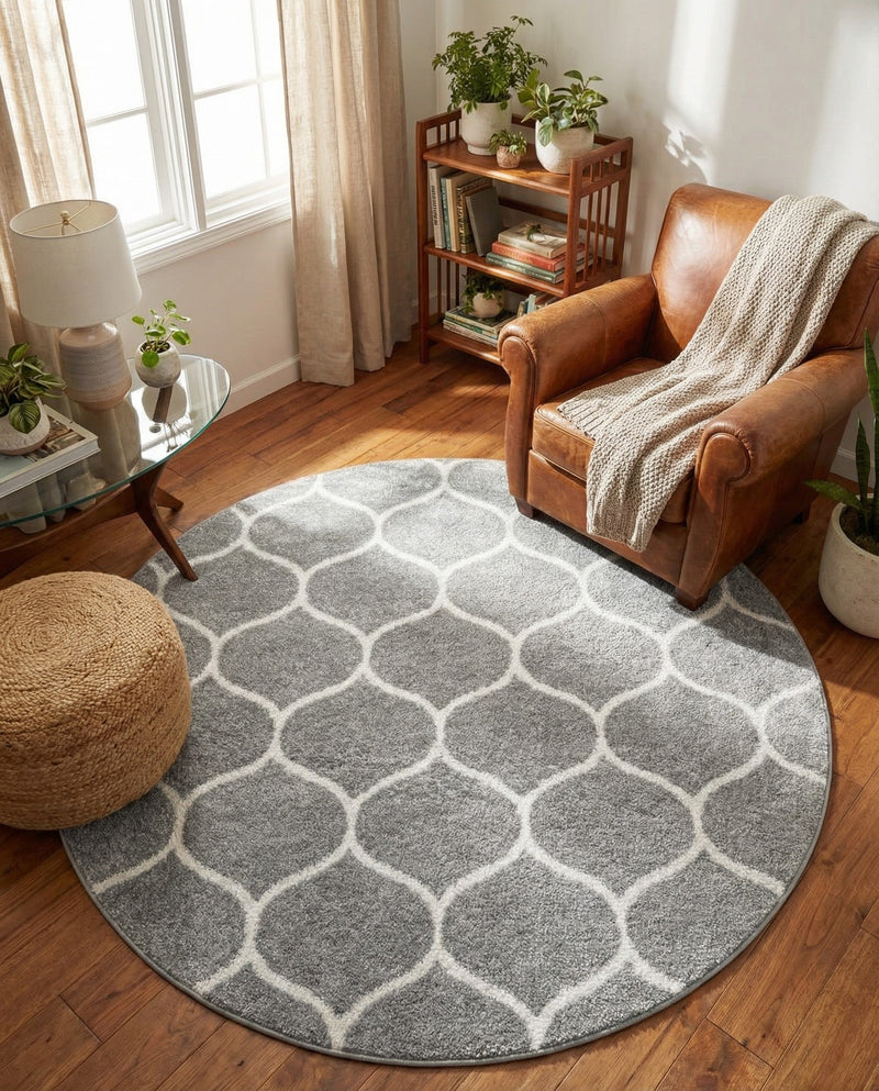 Trellis Mosaic Collection Area Rug -  Pergolatown (Light Gray) Round Light Gray  lifestyle 61