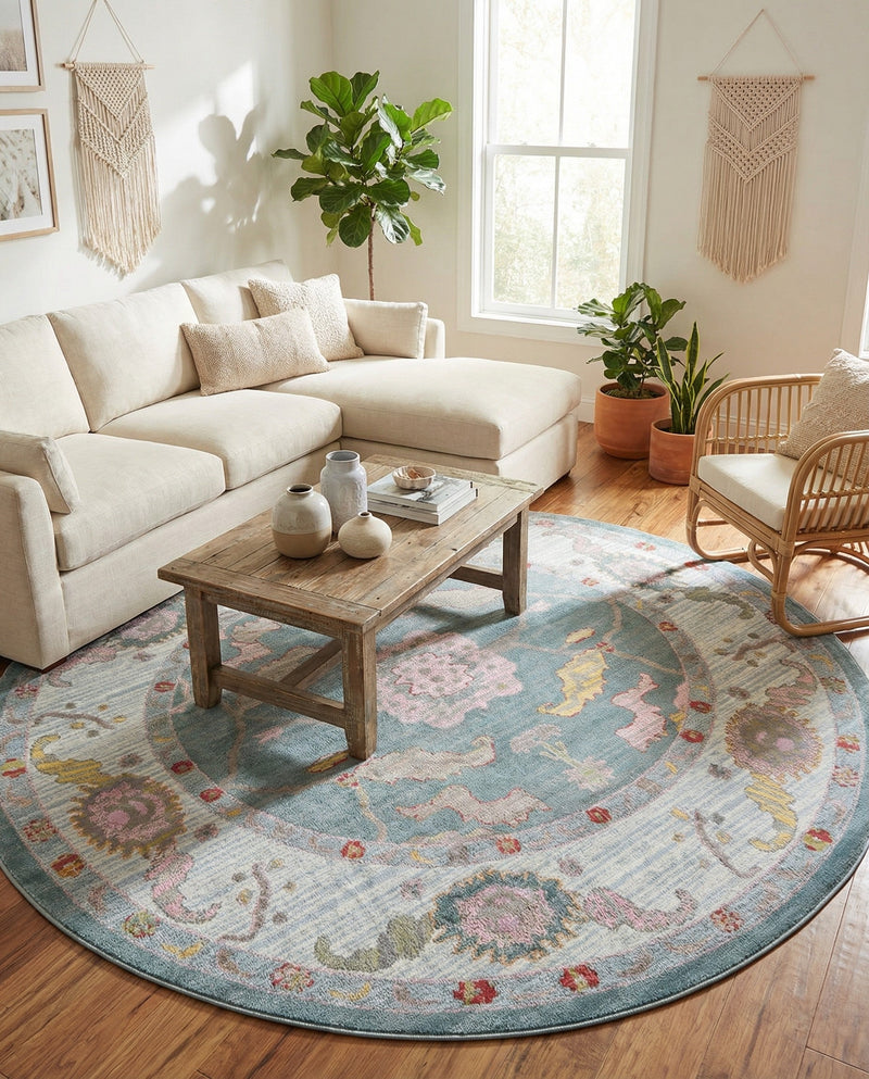 Arcadia Rugs Collection Area Rug - Eden (Gray and Blue) Round Gray and Blue  lifestyle 72