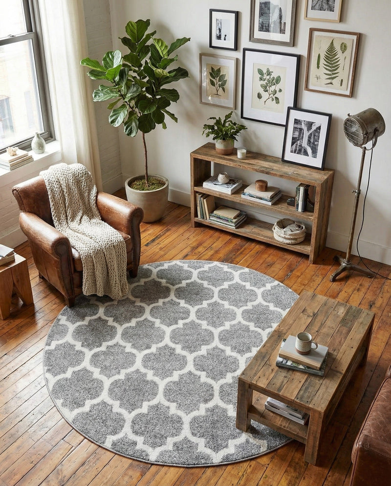 Lattice Gardens Collection Area Rug -  Bloomfield (Dark Gray) Round Dark Gray  lifestyle 68