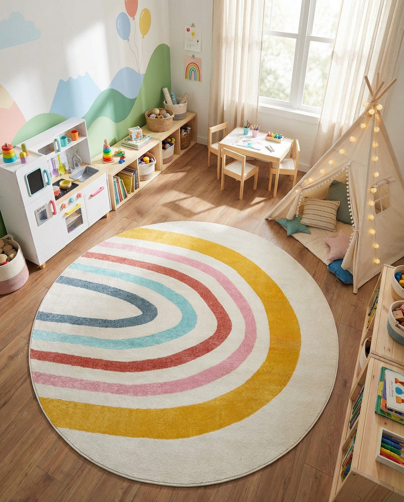 Wonder Tykes Collection Area Rug -  Illusion Round Ivory  lifestyle 48