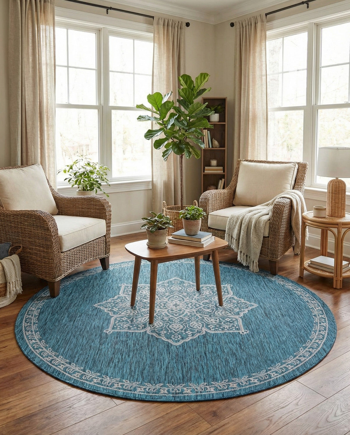 Patio Heritage Collection Area Rug -  Charleston (Teal) Round Teal  lifestyle 87