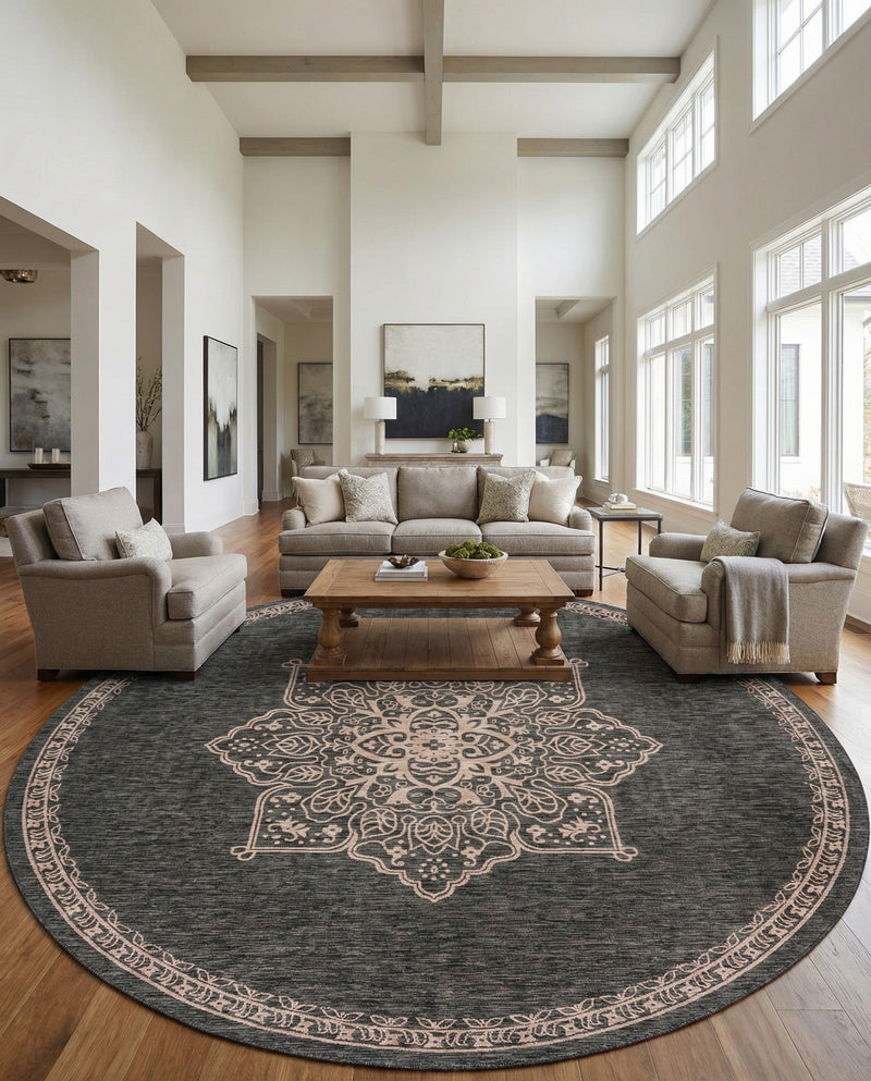 Patio Heritage Collection Area Rug -  Charleston (Charcoal Gray) Round Charcoal Gray  lifestyle 60