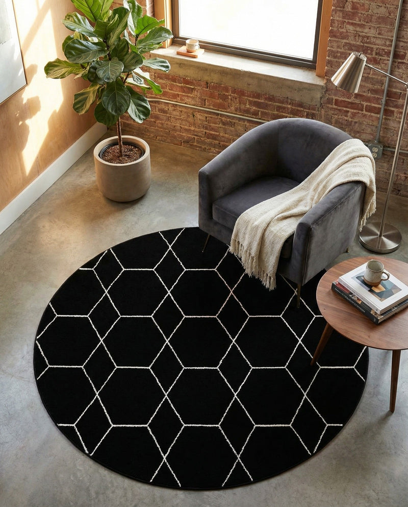 Trellis Mosaic Collection Area Rug - Arborville (Black) Round Black  lifestyle 52