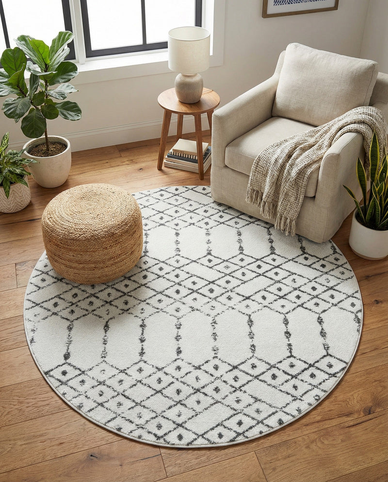 Marrakesh Lattice Collection Area Rug - Casablanca (Ivory Black) Round Ivory Black  lifestyle 79