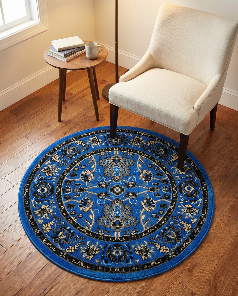 Isfahan Elegance Collection Area Rug - Naghsh-e Jahan (Dark Blue) Round Dark Blue  lifestyle 56