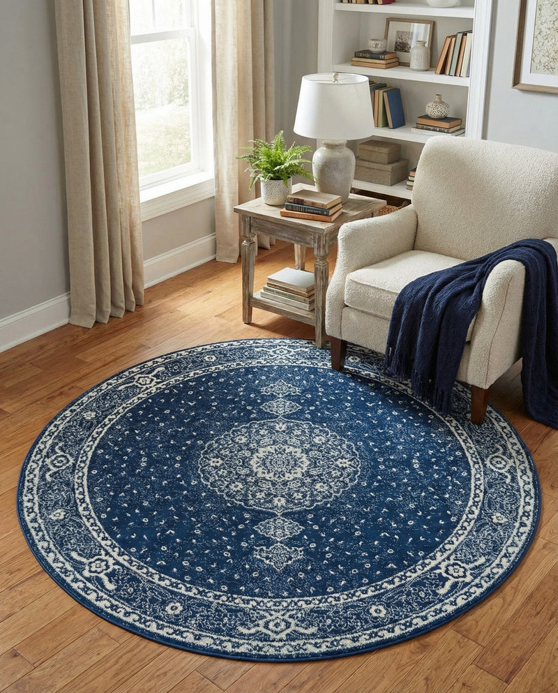 Dover Terrace Collection Area Rug - Marina (Navy Blue) Round Navy Blue  lifestyle 33