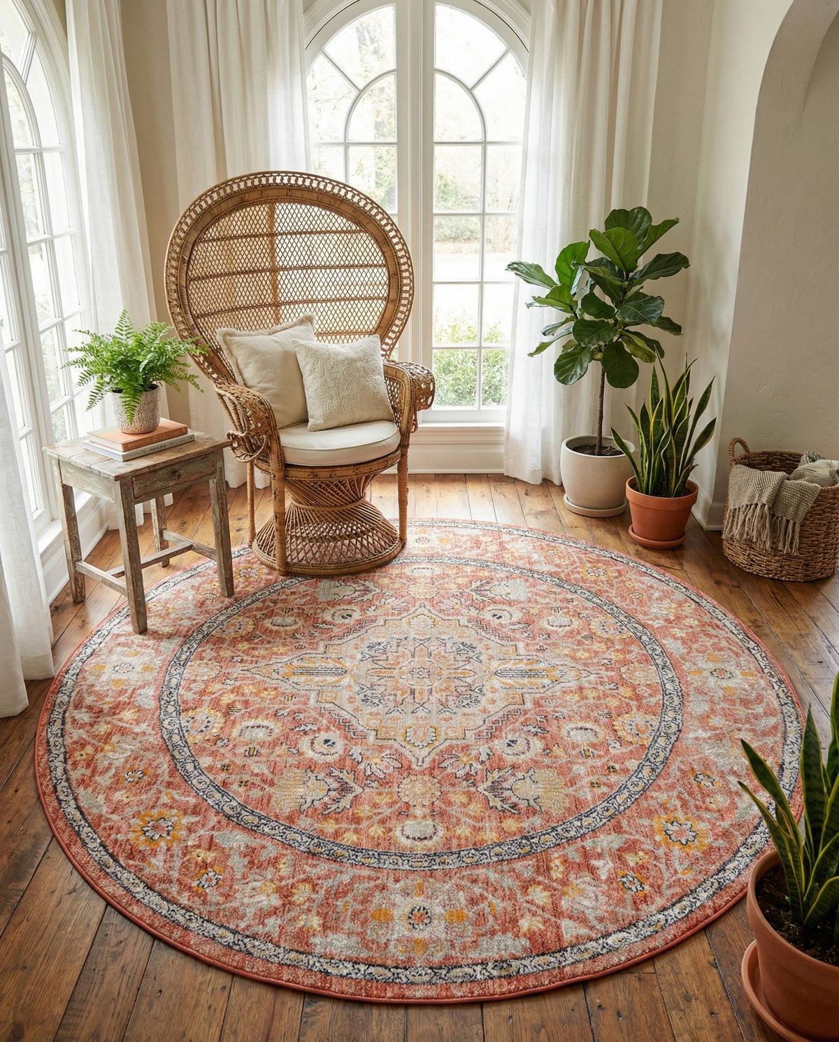 Seville Stripes Collection Area Rug - Cadiz (Brick Red) Round Brick Red  lifestyle 78