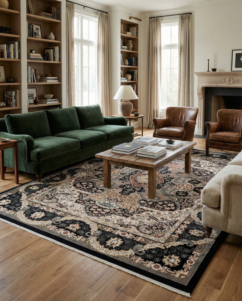 Persian Elegance Collection Area Rug -  Shiraz Rectangle Navy Blue  lifestyle 43
