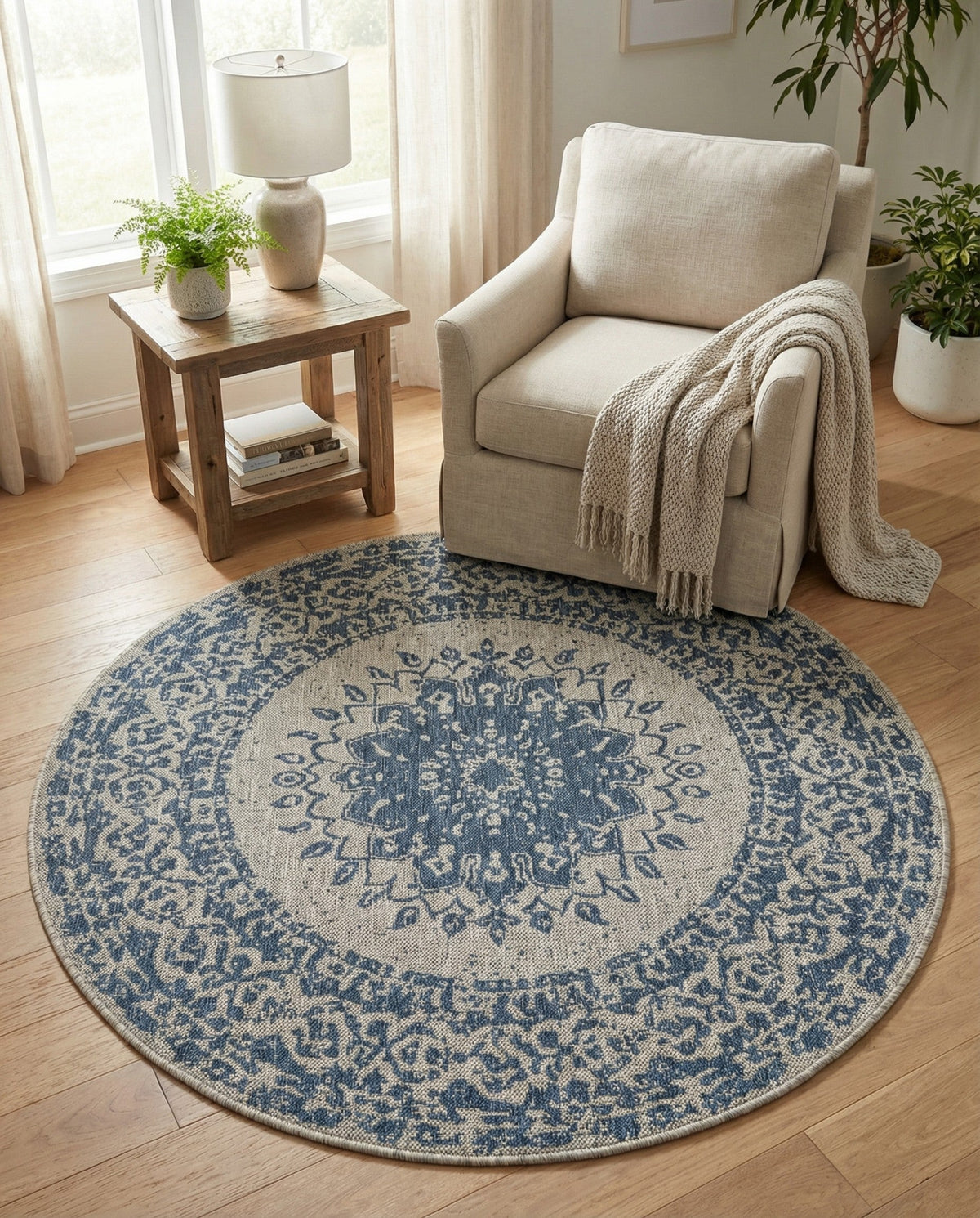 Patio Heritage Collection Area Rug -  Lafayette (Blue) Round Blue  lifestyle 84
