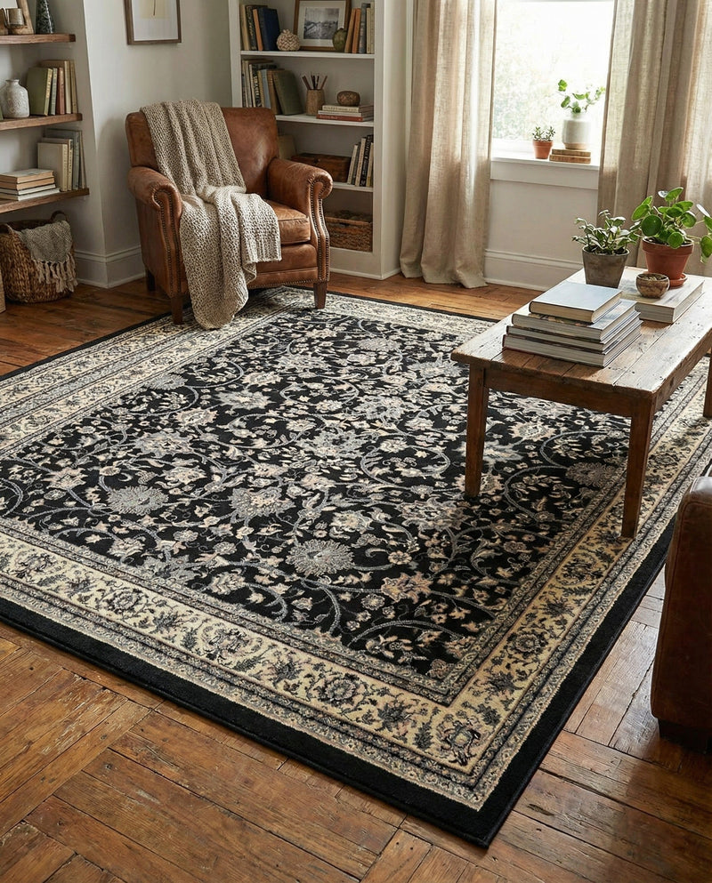 Isfahan Elegance Collection Area Rug - Naghsh-e Jahan (Black) Rectangle Black  lifestyle 30