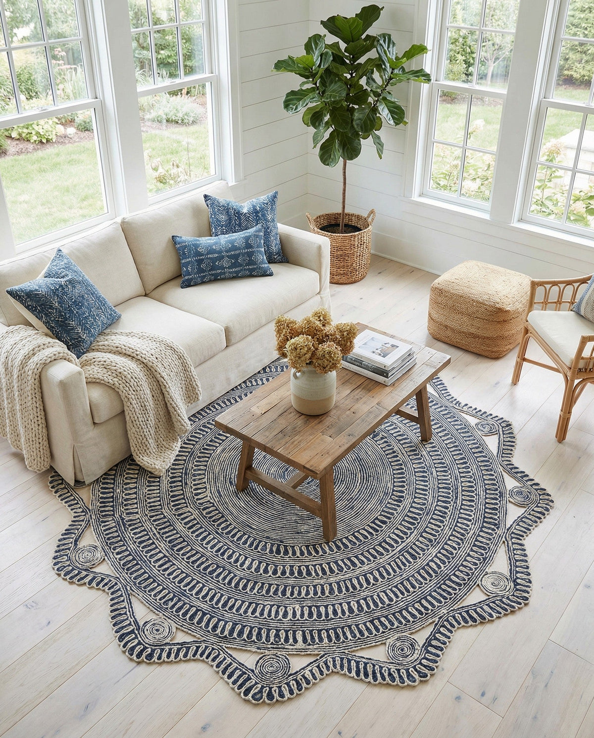 Woven Seaside Jute Collection Area Rug - Nantucket Round Navy and White  lifestyle 100