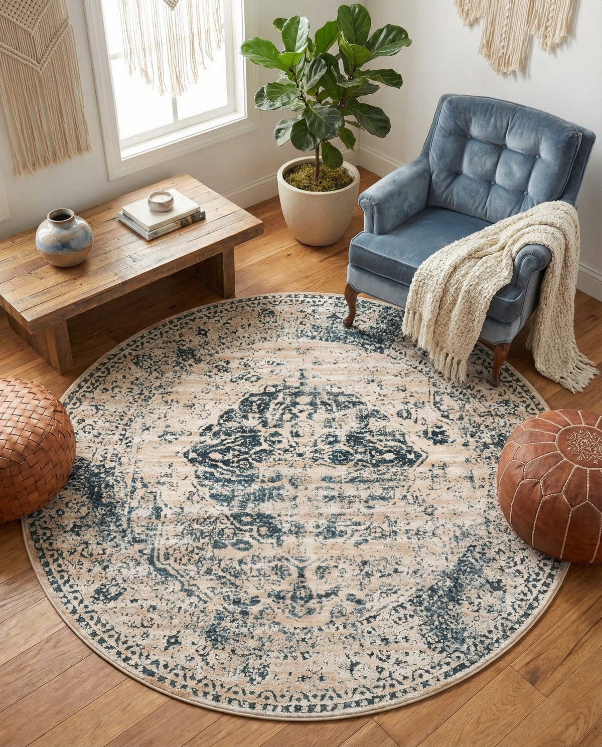 Coastal Manor Collection Area Rug -  Dunes Round Dark Blue  lifestyle 116