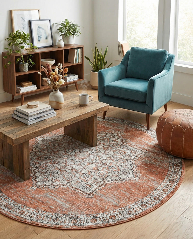 Mykonos Manor Collection Area Rug -  Tinos (Salmon Pink) Round Salmon Pink  lifestyle 47