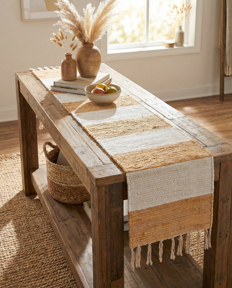 Tassel Trail Collection Area Rug - Pathway (Beige) Table Runner Beige  lifestyle 79